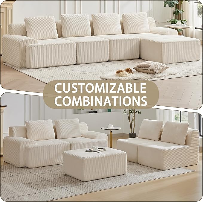Modular Sectional Sofa with Movable Ottoman, 4 Seat Deep Seat Couch with 4 Pillows, Comfy Cloud Sectional Sofa for Living Room, Bedroom and Apartment (White, 2 Left+2 Right+1 Ottoman)