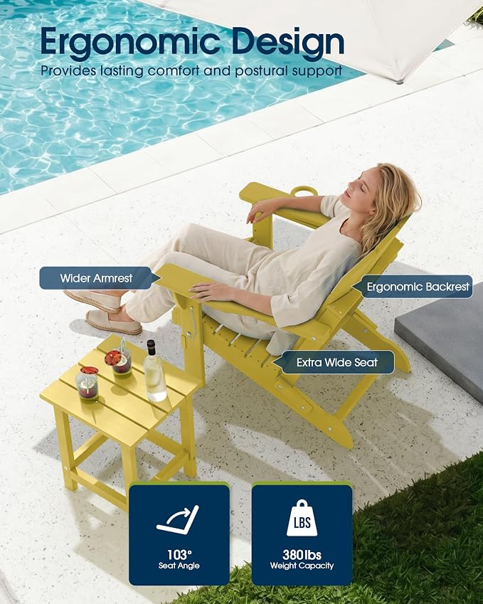 MUCHENGHY Folding Adirondack Chairs, Patio Chairs, Lawn Chairs, Outdoor Chair, Adirondack Chair Plastic, Fire Pit, Weather Resistant with Cup Holder for Deck, Backyard, Garden(Olive Yellow) - Image 4