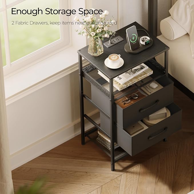 JARHETUN Nightstand Set of 2, Night Stands with Charging Station, 26.4 Inch Tall Bedside Table with Metal Shelf, Side Table with 2 Fabirc Drawers for Bedroom, Black - Image 5