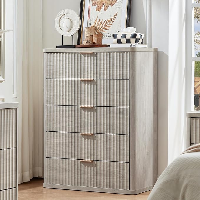 LEYAOYAO Fluted 5 Drawers Dresser Set of 2, 41" Tall Modern Chest of Drawers with Metal Handle, Curved Profile Dresser TV Stand, Wooden Drawer Organizer for Bedroom, Living Room, Hallway, Lightgrey - Image 2