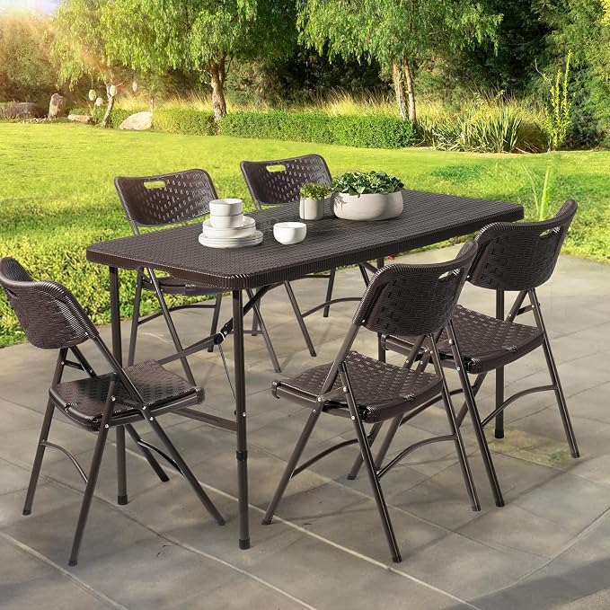 VINGLI 4 FT Plastic Folding Camping Table, Portable in/Outdoor Party Picnic Dining Desk,Garden Soccer Multipurpose Entertaining Activities, Brown - Image 5