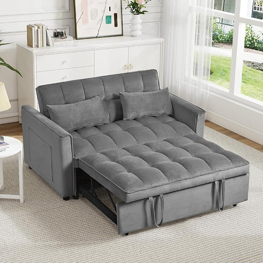 Rovibek 3 in 1 Sleeper Sofa Bed, 53'' Pull Out Couch Convertible Futon Loveseat with Adjustable Backrest, Velvet Sleeper Chaise Lounge Futon for Apartment Office Small Space, Dark Grey