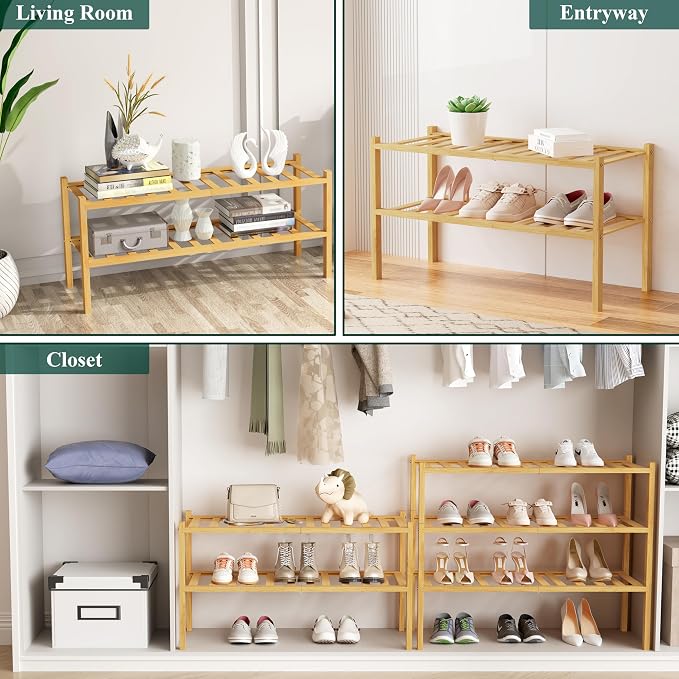 Smiry Shoe Rack, 2 Tier Bamboo Shoe Organizer, Stackable Free Standing Wooden Shoe Storage Shelf for Closet, Entryway, Front Door Entrance, Natural - Image 7