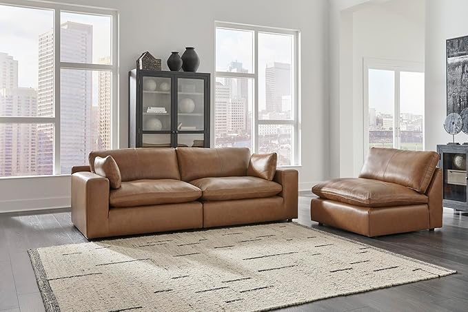 Signature Design by Ashley Emilia Modern Leather Match 2-Piece Sectional Loveseat with Loose Back Cushions and 2 Bolster Pillows, Light Brown