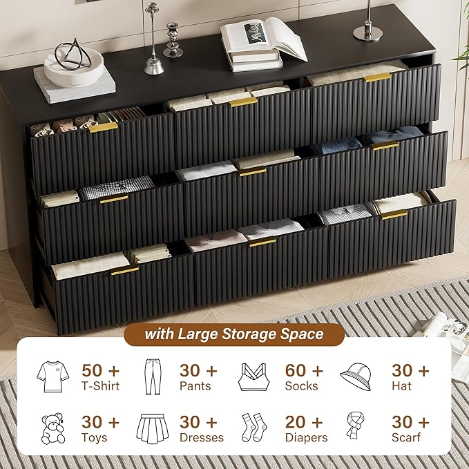 Furniway Black Dresser Bedroom Set 3 Pieces, Nightstands Sets of 2, 9 Drawer Dresser with Gold Handles for Bedroom