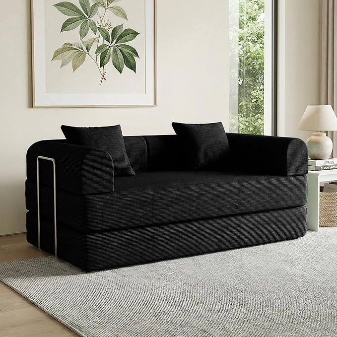 59'' Convertible Compressed Corduroy Folding Cloud Sofa Bed, Modern Boneless Pull Out Loveseat Sleeper in a Box, 4 in 1 Floor Mattress Futon Cloud Couch, No Assembly Needed, Black, 2 Pillows, Queen