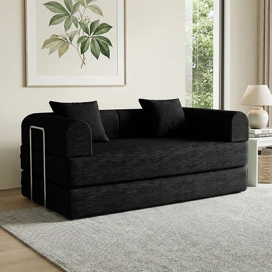 59'' Convertible Compressed Corduroy Folding Cloud Sofa Bed, Modern Boneless Pull Out Loveseat Sleeper in a Box, 4 in 1 Floor Mattress Futon Cloud Couch, No Assembly Needed, Black, 2 Pillows, Queen