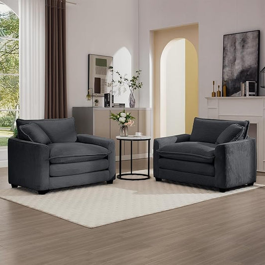 KEIKI 2-Piece Sofa Set with 2 Oversized Corduroy Single Sofa, Upholstered Modern 2-Seater Lounge Accent Chair Set with 2 Pillow, High-Density Foam Cushions, Removable Armrests, for Living Room, Grey