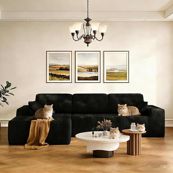 Ball & Cast 106'' Convertible Sectional Sofa for Living Room,Modern Modular L-Shaped Couch,Boneless Comfy Corduroy Fluffy Couch with Deep Seat,Hight Weight Capacity, Black,Left Facing Chaise