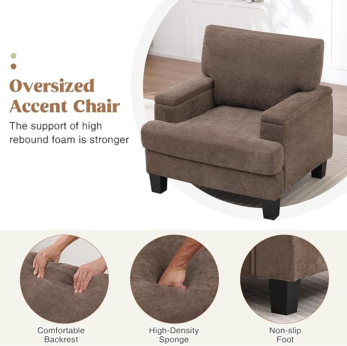 Oversized Accent Chair Set of 2 with Storage Armrest, Modern Upholstered Reading Living Room Chairs, Comfy Large Armchair, Fabric Single Sofa Chair for Bedroom (Dark Brown)