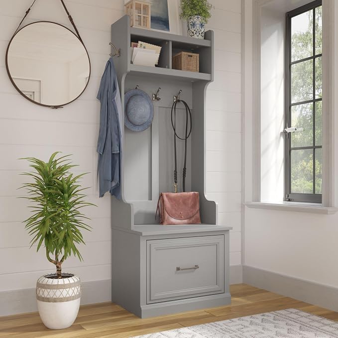 Bush Home Woodland 24W Hall Tree and Small Shoe Bench with Drawer in Cape Cod Gray | Narrow Foyer, Mudroom, Entryway Storage - Image 2
