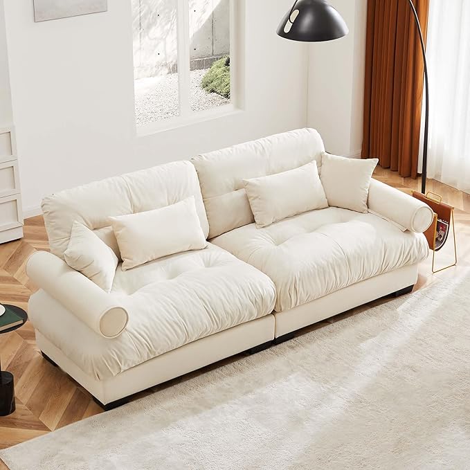 KEIKI 94" Oversized Velvet Modular Sectional Loveseat Sofa with High-Density Foam Cushions and Bolstered Armrests, Upholstered Modern Style 2-Seater Cloud Couch with 4 Pillow, for Living Room, Cream