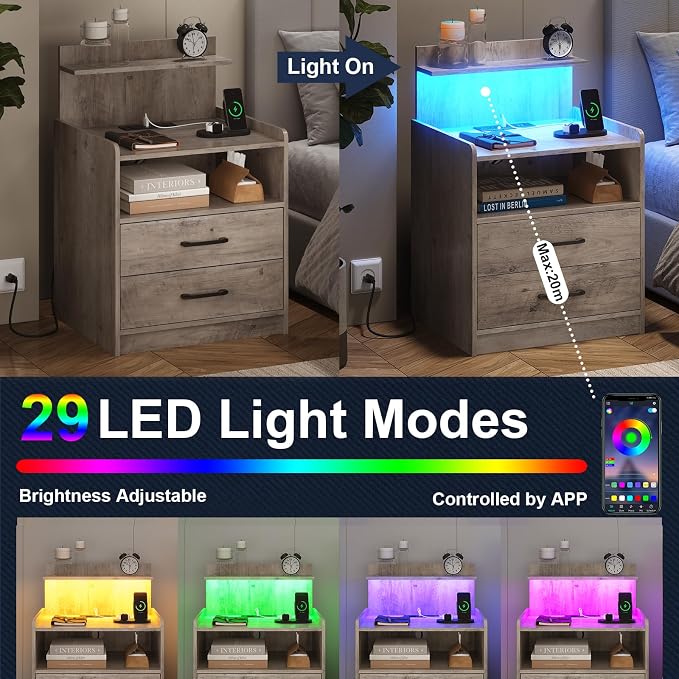 Nightstand Set of 2 with Charging Station and LED Lights, Bedside Table with 2 Drawers and Open Storage Shelf, 2 USB Ports and 2 AC Outlets, LED Night Stands for Bedroom Set of 2, Grey - Image 4