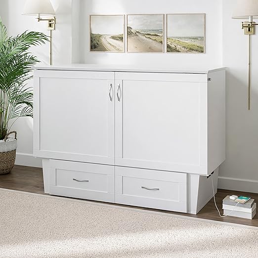 AFI, Chelsea Mid-Century Modern Full Wood Murphy Bed Chest with 6" Mattress, Storage Drawer & Built-in USB Charger, White