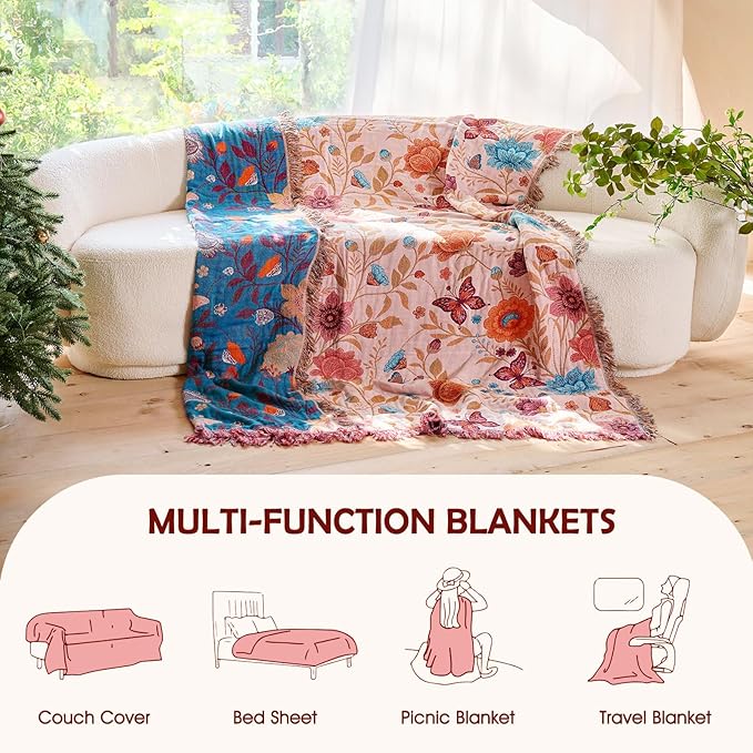 Boho Throw Blanket - 100% Cotton Ultra Soft Muslin Blanket, 50"x60" Lightweight Floral Butterfly Framhouse Bedding Spring Blanket for Bed, All Season Beige Bohemian Bedroom Home Decor Quilt