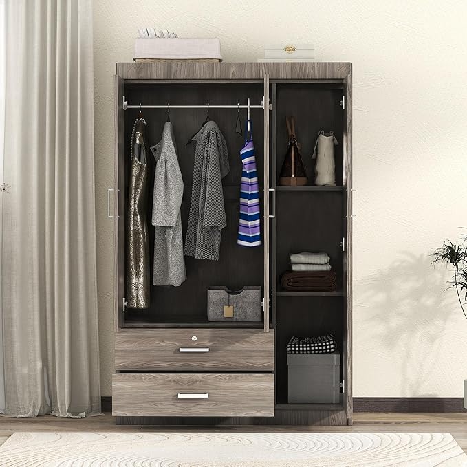 Merax 3 Doors Wardrobe Clothes Organizer with 2 Drawers, 41.3" Small Closet Organizer with Hanging Rail, Wood Storage Closet with 3 Shelves, Gray