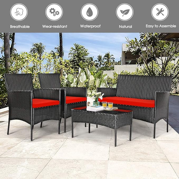 8 Pieces Patio Furniture Set, Outdoor Conversation Set with Ergonomic Curved Backrest, Patio Chair Set with Water-Resistant Cushion & Tempered Glass Table for Balcony,Porch,Poolside(Red)