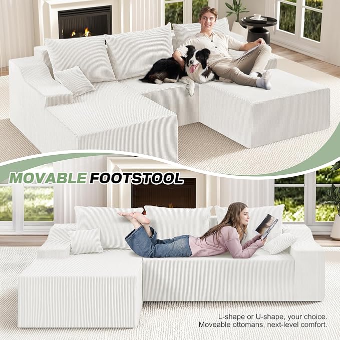 HABUTWAY 94“ U Shaped Modular Sectional Couch for Living Room, Modular Cloud Sofa with Ottoman, No Assembly Boneless Couches with Deep Seat, Corduroy Fabric (Beige, Left Facing) | Cloud Sofa, With Ottoman, No Assembly, Boneless, Deep Seat, Corduroy Fabric