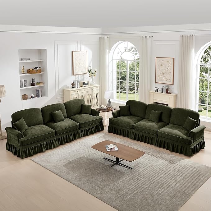 KEIKI Mid Century Modular Sofa with Flared Arms and Skirted Design, 107” Oversized 3-Seater Luxury Chenille Sectional Couches Set for Living Room, Modern Comfy for Big Living Spaces, Green