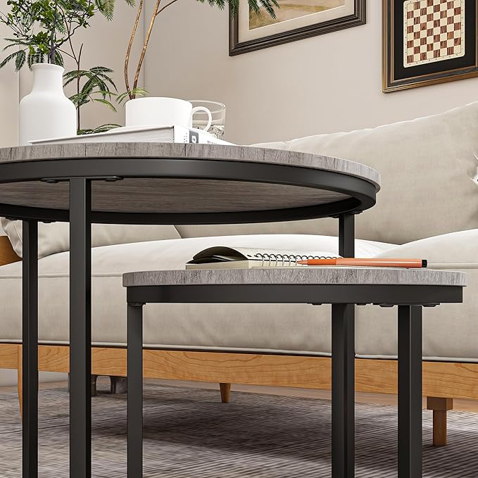 HOJINLINERO Round Coffee Table,Nesting Coffee Table Set of 2,Center Tables for Living Room,Office, Home Small Space,Stacking Side Tables,Sturdy and Easy Assembly,Wood Desktop,Black+Grey,Small