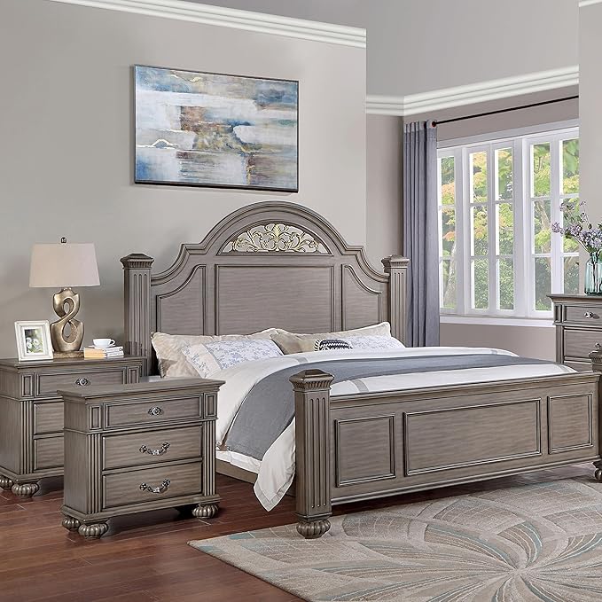 Furniture of America Malierd Traditional Wood 3-Piece Bedroom Set, Panel Queen-Size Bed and 3-Drawer Nightstand, Box Spring Required for Bedroom, Gray