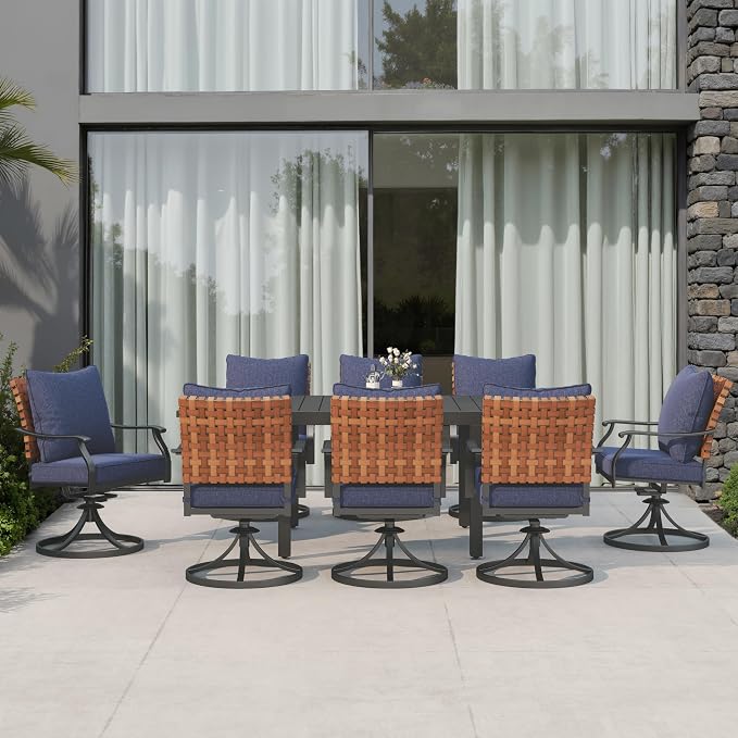Grand patio 9-Piece Outdoor Dining Set, 8 Leather-Look Wicker Blue Swivel Patio Chairs & 1 Expandable Dining Table, Black - Image 2