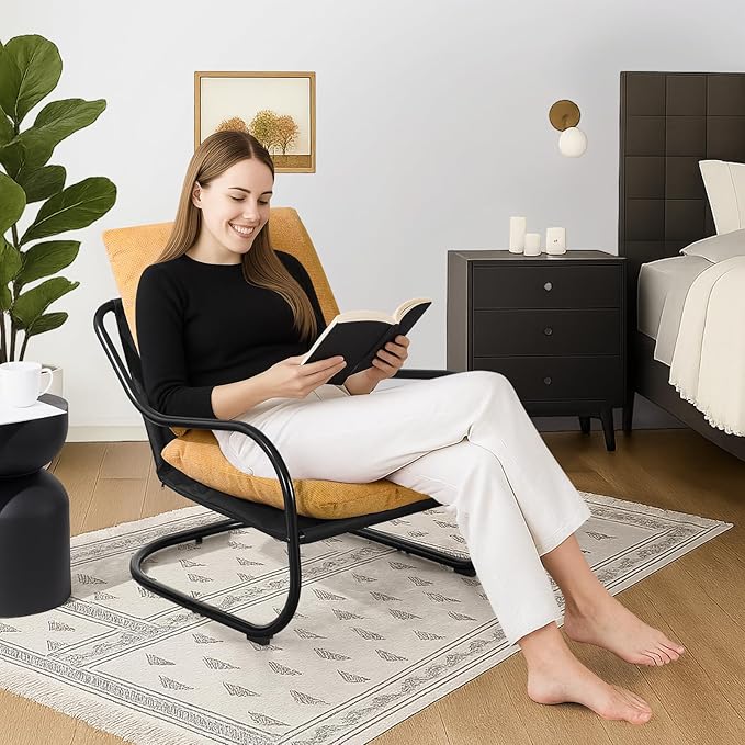 Peace nest Modern Accent Chair,Comfy Living Room Suspended Chair with Mental Frame,Bedroom Armchair with Soft Upholstered Cushion for Balcony Lounge Reading Meeting Room,Yellow