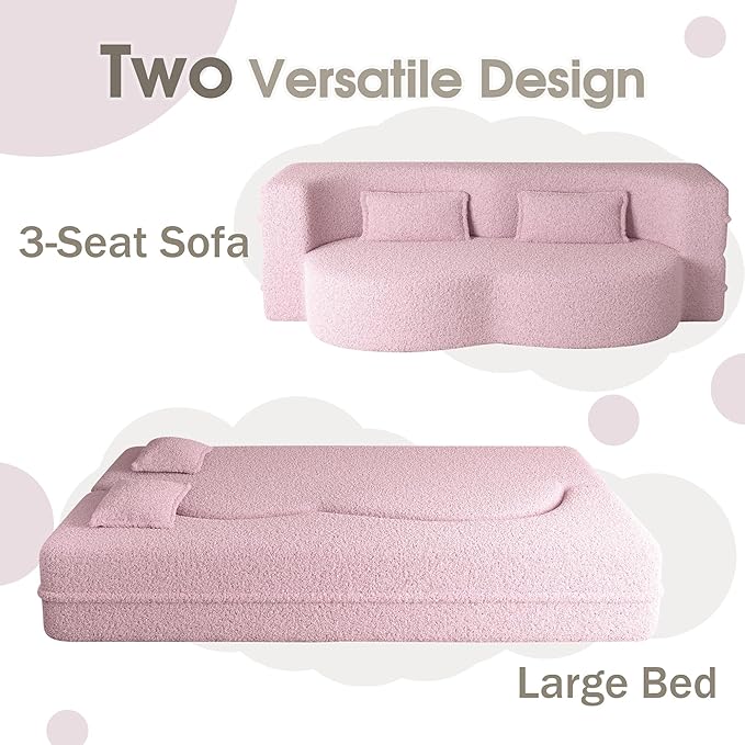 78" Convertible Sofa Bed, 2-in-1 Folding Floor Couch with 2 Pillows, Sleeper Sofa for Living Room and Bedroom, No Assembly Required (Pink, Teddy Fabric)