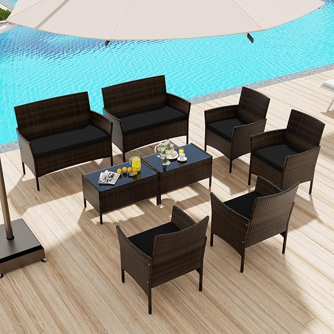 KOTEK 8 Piece Patio Furniture Set, Outdoor Rattan Conversation Set with Loveseat, Wicker Chairs, Tempered Glass Coffee Table, Wicker Patio Set for Backyard, Porch (Black)
