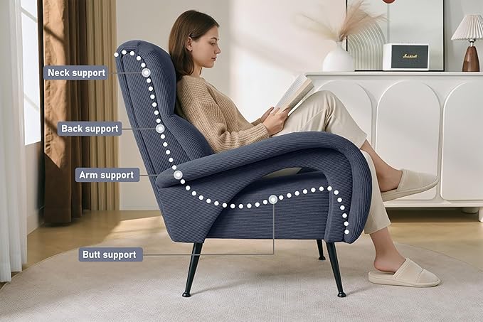 Corduroy Living Room Accent Chairs, Comfy High Back Reading Chair with Curved Arms and Solid Legs, Upholstered Armchair for Bedroom, Reading Nook, Apartment, Navy Blue