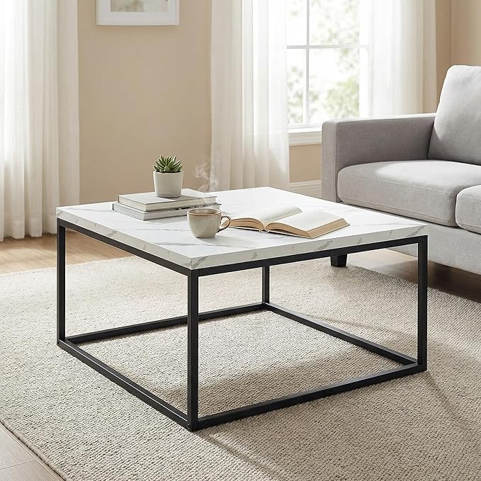 CENSI 30" Square Coffee Table, White Faux Marble Center Table for Living Room, Modern Minimalist Cocktail Table with Black Metal Frame, Extra Thick 1.2" Wood Top, Sturdy & Easy Assembly
