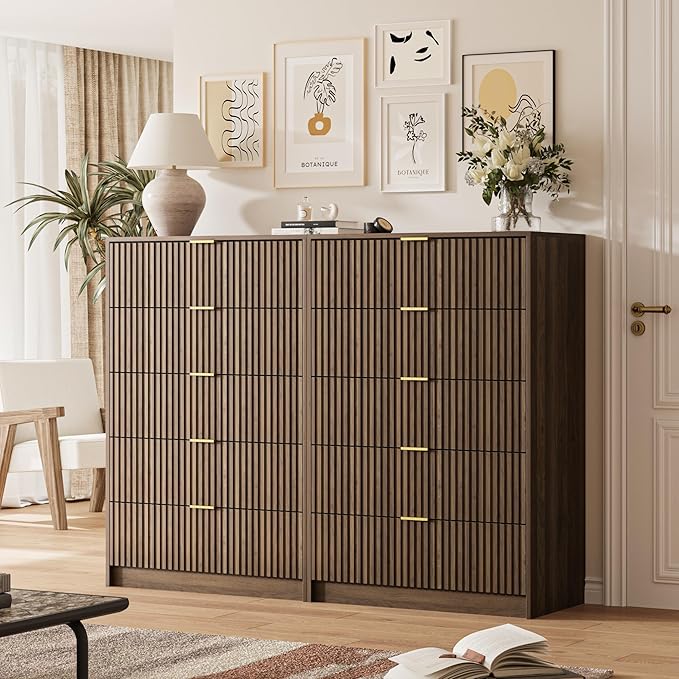 MAISONARIA Walnut 3-Piece Living Room Sets, 5 Drawers Dresser & 2 Drawer Nightstands with Hidden Handles, Wood Chest of Drawers for Living Room, Entryway