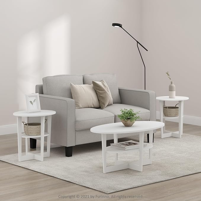 Furinno JAYA Side Table Set of 2, 2-Tier Round Modern End Table with Oval Tabletop, Night Stand, Bedside Table with Open Shelf, for Living Room, Bedroom, White - Image 2