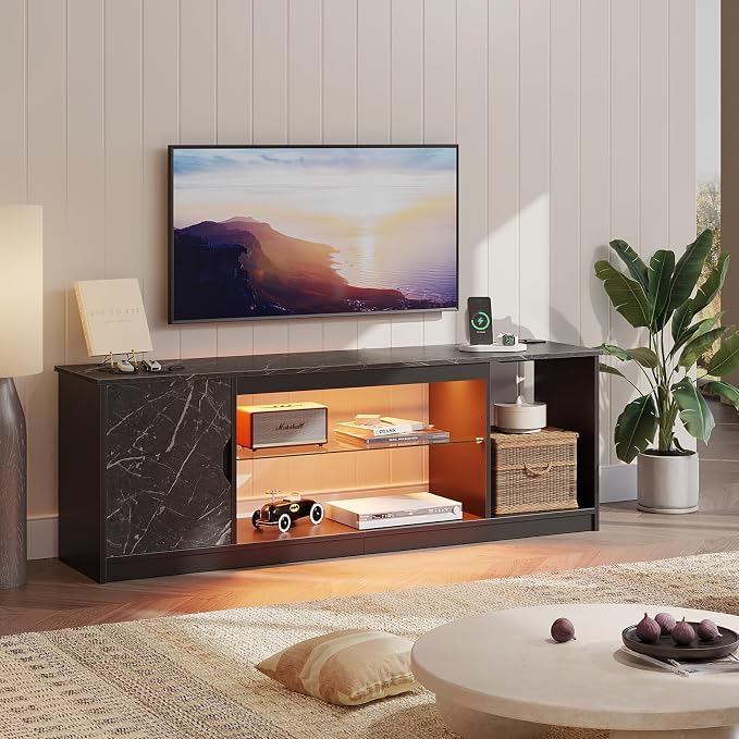 Bestier TV Stand with Power Outlets for Bedroom, Gaming TV Stand for 65inch TV, Black Entertainment Center for PS5, TV Console with Adjustable Glass Shelves for Living Room, Black Marble - Image 8