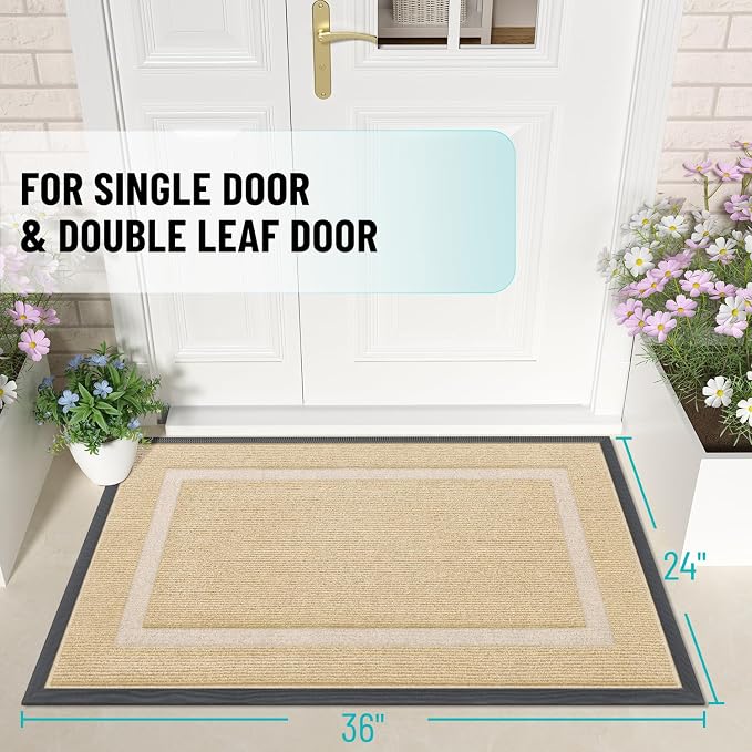 OLANLY Front Door Mat Indoor Outdoor Entrance, Waterproof All-Season, All-Weather Doormat, Sturdy Natural Rubber, Fade Resistant, Low Profile, Easy Clean Patio Porch Entryway Mat, 36x24, Beige - Image 2
