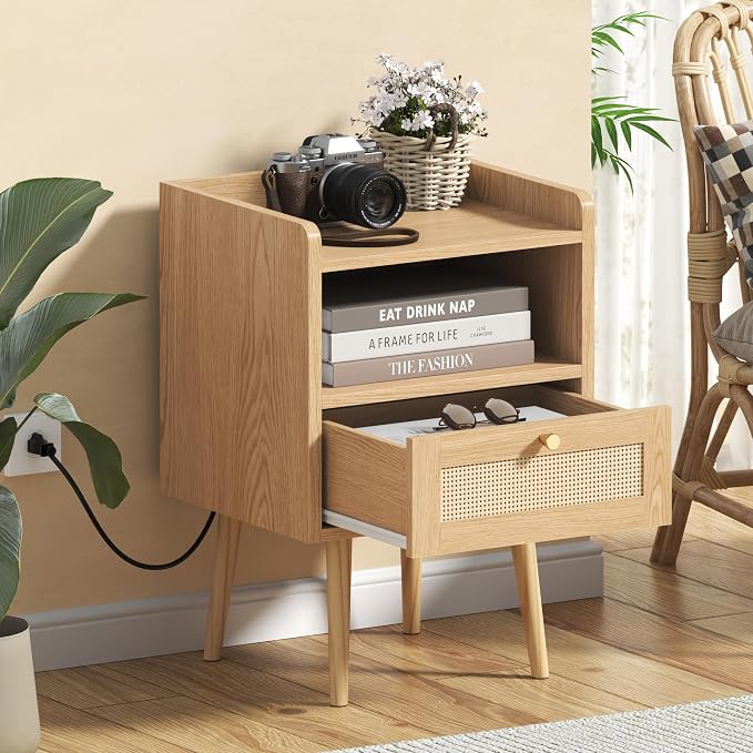 MECHYIN Nightstand with Charging Station & Rattan Decor Drawer, Boho Bedside End Table, Bed Side Table with Open Storage for Apartment Bedroom Living Room Dorm - Image 4