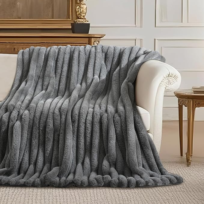 Amélie Home Faux Fur Throw Blanket for Couch, Ultra Cozy Fuzzy Fluffy Fur Luxurious Soft Striped Plush Gift Blankets for Family Sofa Chair Bedroom, 55"x70", Cationic Wolf Gray