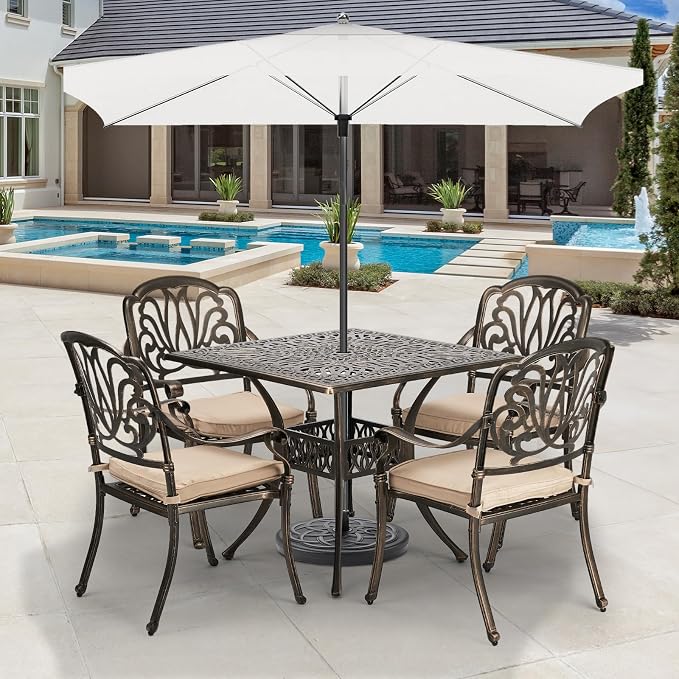 VINGLI 5-Piece Outdoor Patio Dining Set, Cast Aluminum All-Weather Outdoor Table and Chairs w/Cushion, Outdoor Furniture Set w/Umbrella Hole for Backyard Deck Poolside (Square, Elizabeth Back) - Image 2