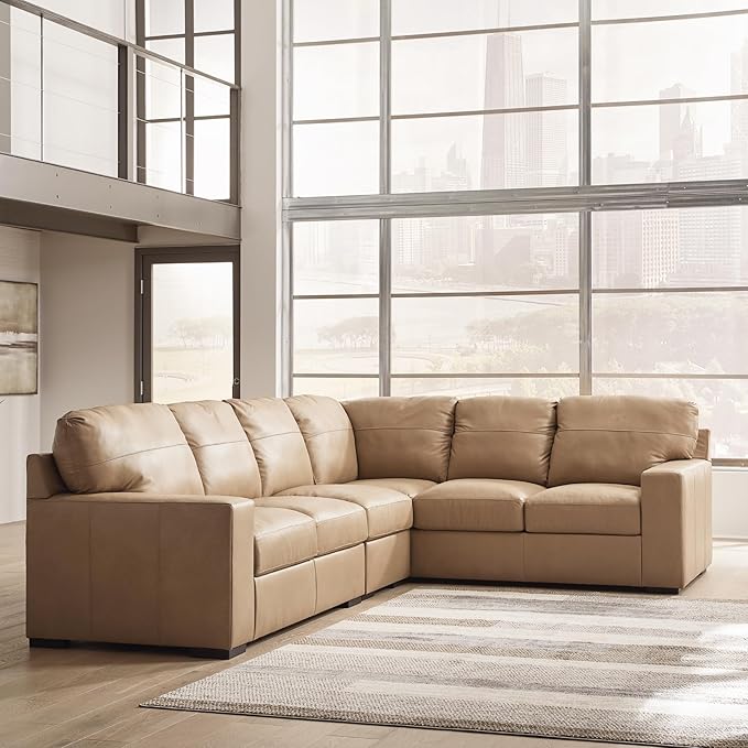 Signature Design by Ashley Bandon Modern Leather Match Right-Arm Facing 3-Piece Sectional with Removable Cushions and Armrest, Light Brown