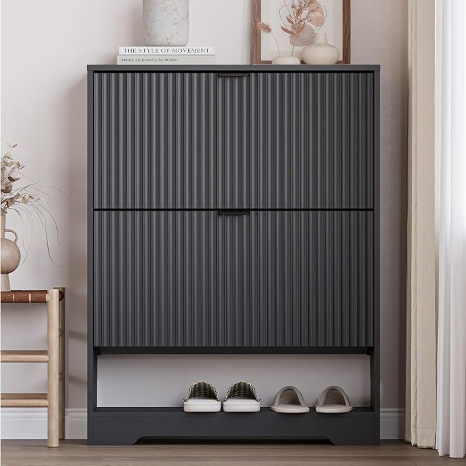 BORNOON Shoe Cabinet with 2 Flip Drawers, Fluted Shoe Storage Cabinet with Adjustable Shelves, Freestanding Rack and Organizer for Entryway, Closet, Hallway - Image 6