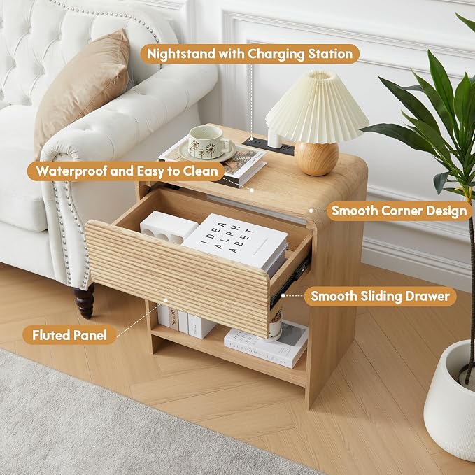 XUZENEST Fluted Nightstand with Charging Station, Mid Century Modern Bed Side Table End Table with Drawer Storage, Large Wooden Night Stands Bedside for Bedroom Living Room Sofa Office, Natural - Image 5