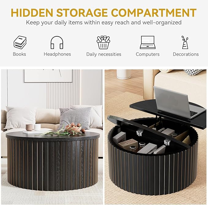 Fluted Lift Top Coffee Table with Storage, 31.5'' Farmhouse Round Coffee Tables for Living Room, Modern Wood Center Tables with Hidden Compartment for Home, Office (Black)