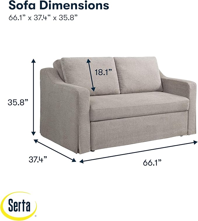 Serta Hawthorne 66.1" Slipcovered Convertible Sleeper Loveseat, Full Size, Dreamcoil Comfort, FingerGuard Pinch Point Protection, Polyester Tweed Fabric, Flax