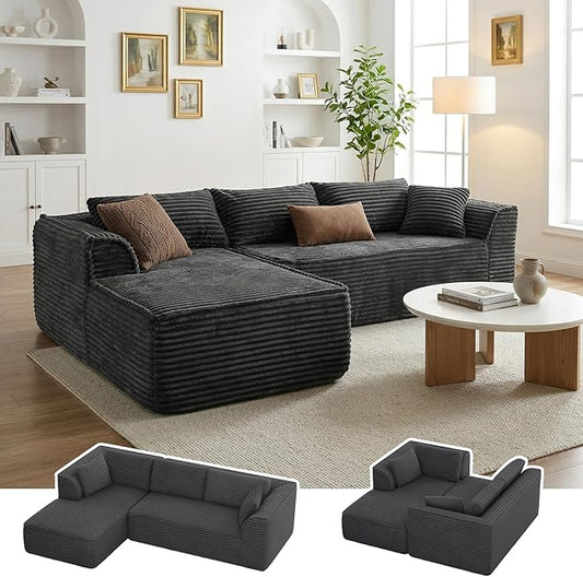 Vesgantti 106" Boneless Couch with Chaise, Deep Seat Comfy Cloud Modular Sofa Corduroy Memory Foam Sectional Couches for Living Room Bedroom, No Assembly Required (Grey, Left-Facing Chaise)