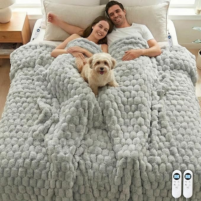Eastsora Heated Blanket Electric Blanket Heating, Dual Control Soft Ribbed Faux Fur Electric Blanket with 12 Heat Levels 12H Timer ETL FCC Certified Machine Washable (Gray, King Size - 90" x 100")