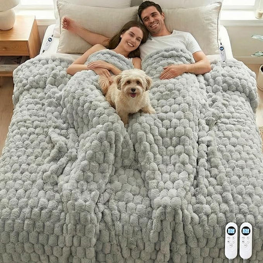 Eastsora Heated Blanket Electric Blanket Heating, Dual Control Soft Ribbed Faux Fur Electric Blanket with 12 Heat Levels 12H Timer ETL FCC Certified Machine Washable (Gray, King Size - 90" x 100")