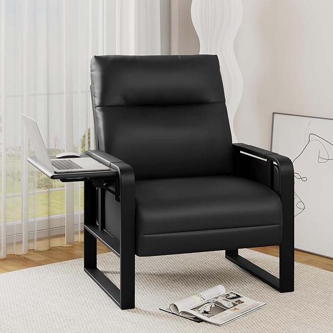 Alunaune Upholstered Living Room Chair Armchair, Mid Century Faux Leather Metal Accent Chair, Reception Couch Slipper Club Lounge Chair Guest Comfy Single Sofa with Sidetable for Bedroom-Black