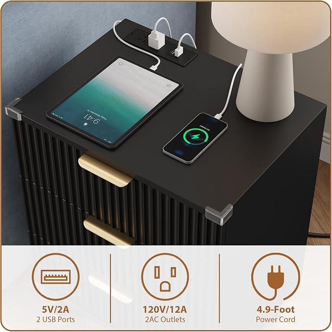 Lulive Wood Nightstand Set of 2 with Charging Station, 3 Drawers Fluted Design, Modern End Table for Bedroom Black - Image 6