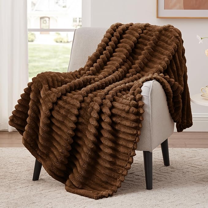 EXQ Home Fleece Throw Blanket for Couch or Bed - 3D Stripe Jacquard Decorative Blankets - 280GSM Cozy Soft Lightweight Fuzzy Flannel Blanket Suitable for All Seasons(50"??60",Brown)