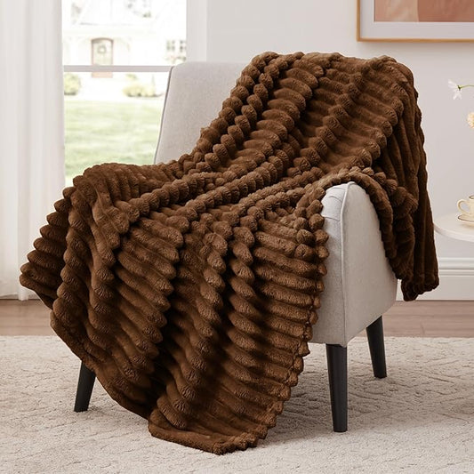 EXQ Home Fleece Throw Blanket for Couch or Bed - 3D Stripe Jacquard Decorative Blankets - 280GSM Cozy Soft Lightweight Fuzzy Flannel Blanket Suitable for All Seasons(50"??60",Brown)